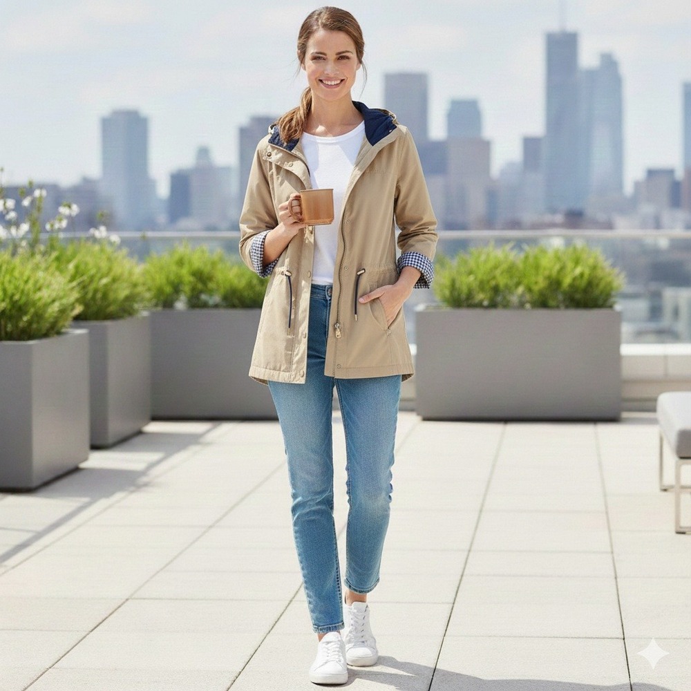 CS Signature Beige Lightweight‎ Jacket Blue Plaid Lined Zip Front - Size S